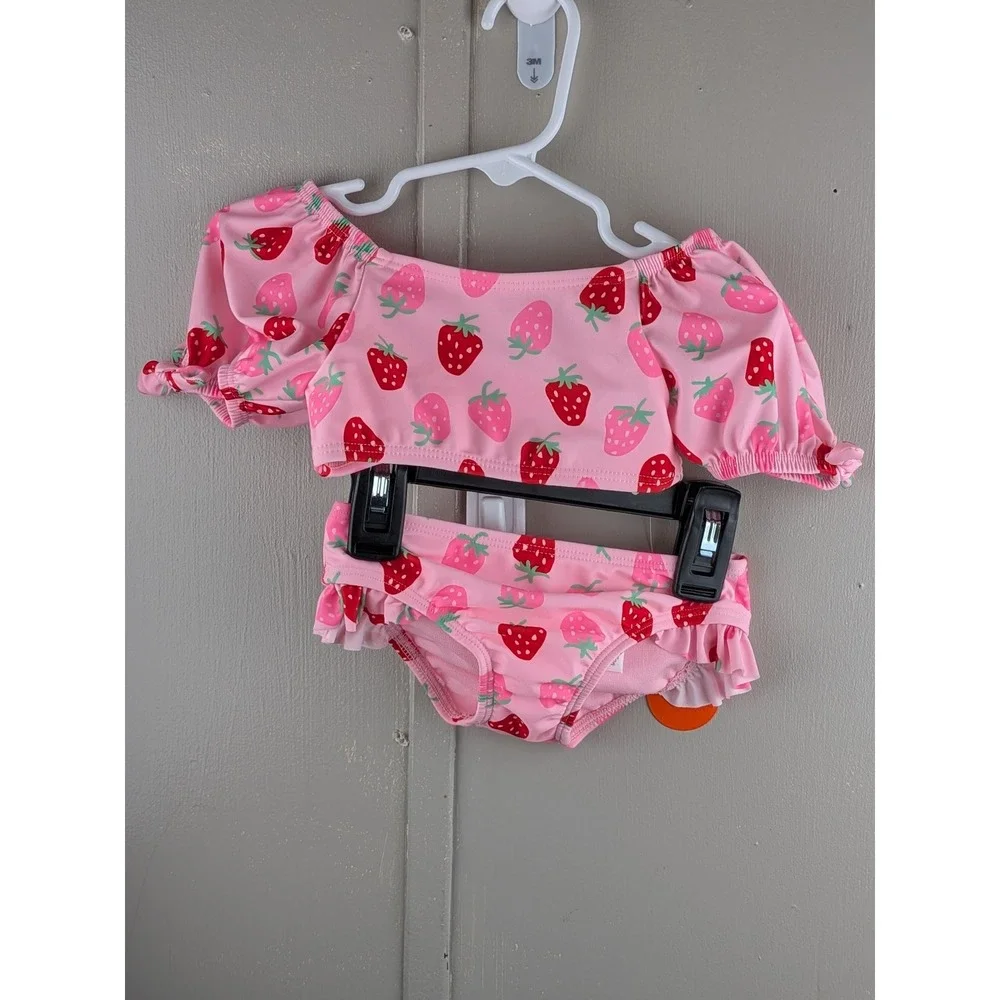 Wonder Nation Pink Strawberry Print Puff Sleeve 2 Piece Swimsuit 18M NWT